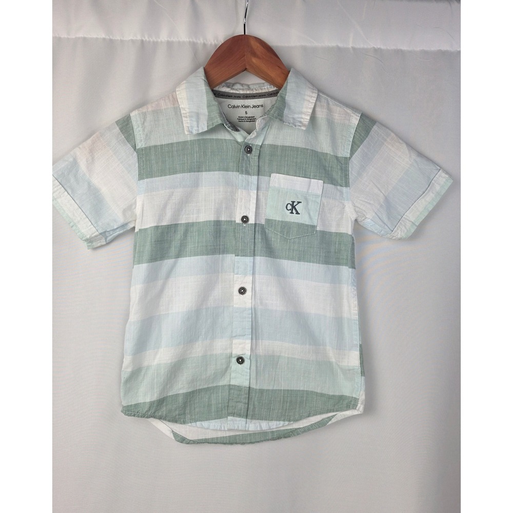 Calvin Klein Jeans Boys Striped Short Sleeve Button Down Shirt Green Blue Size 5